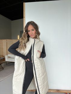 Alaska Bound Long Puffer Vest Creme – Chic by Ally B Sleeveless Long Jacket, Long Puffer Vest, Fitted Long Sleeve Top, Closet Must Haves, Ny Outfits, Fitted Long Sleeve, Long Puffer, Long Vest, Boho Pants