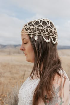 "Inspired renaissance and 1920's caps, I made this using vintage glass pearls mixed with some contemporary shell and glass beads. The majority of the beads are glass with some plastic. This cap has a bit of weight to it and feels very sturdy on the head. It stays in place on its own very well, but may require some pins for a wedding or long event.  Fully hand-beaded! Will fit well up to about a 22\" noggin (tight 22.5\")" Elegant Luxury Headpieces With Bead Caps, Bridal Headpiece Vintage, Beaded Headpiece, Bridal Cap, Bead Hair Accessories, Beaded Hair, Antique Hats, Beaded Hat, Hair Jewellery