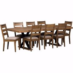 a dining room table with six chairs and one bench is shown in this image, it appears to be made from solid wood