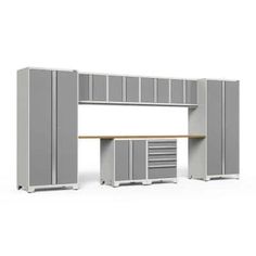 a large gray cabinet with drawers and cabinets on it's sides, in front of a white background