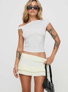 Deei Double Ruffle Mini Skort Soft Lemon White Ruffled Mini Skirt, Lemon From Strawberry Shortcake, Ruffled Shorts Outfit, Mini Ruffle Skirt Outfit, Ruffle Mini Skirt Outfit, Rush Skirt, Ruffle Shorts Outfit, 26 Birthday, Rush Outfits