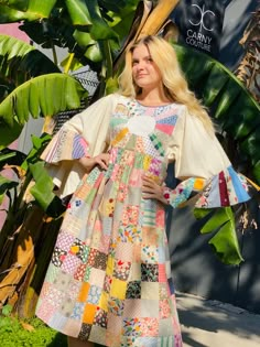 Handmade Quilt Dress – Carny Couture Multicolor Bohemian Dresses With Gathered Sleeves, Bohemian Multicolor Dresses With Gathered Sleeves, Multicolor Upcycled Dresses For Spring, Vintage Multicolor Patchwork Dresses, Resort Aesthetic, Quilted Dress, Quilted Clothing, Patchwork Clothes, Happy Dresses