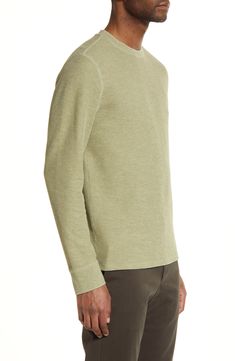 Layer on this heathered long-sleeve T-shirt constructed from a textured thermal knit for enhanced comfort on casual days. 27" length (size Medium) Crewneck Long sleeves 60% cotton, 35% polyester, 5% spandex Machine wash, tumble dry Imported Heather Crew Neck Spring Sweater, Spring Crew Neck Long Sleeve Top With Textured Knit, Spring Textured Knit Long Sleeve Crew Neck Top, Green Waffle Knit Crew Neck Top, Textured Knit Crew Neck Sweatshirt For Layering, Cotton Ribbed Long Sleeve Top For Layering, Heather Long Sleeve Sweatshirt With Ribbed Cuffs, Heather Sweatshirt With Ribbed Cuffs, Spring Crew Neck Sweatshirt With Textured Knit