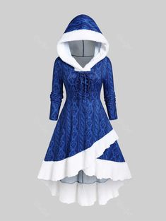 Plus Size Hooded Lace-up 3D Cable Knit Print Fluffy Trim High Low Dress Rosegal Plus Size, Dresses Blue, Stretch Velvet, Prom Party Dresses, Sleeves Pattern, Asymmetrical Dress, Plus Size Casual, Plus Size Dress, Cable Knit