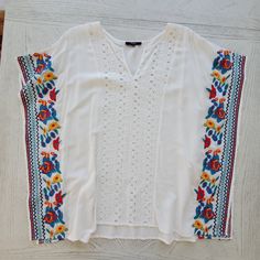 Never Worn Because White Terrifies Me Can Also Be Worn As Top, Features Beautiful Flowy Arm Design Hard To Tell From Photos. Excellent Condition! Comment Below With Questions White Tops With Embroidered Hem For Beach, White Embroidered Hem Top For Beach, White Embroidered Floral Top For Beach, White Embroidered Floral Top For Vacation, White Embroidered Top For Vacation, White Summer Blouse With Floral Embroidery, White Embroidered Hem Blouse For Vacation, White Embroidered Blouse For The Beach, White Floral Embroidered Beach Blouse