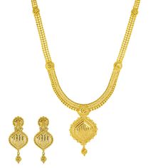 Embrace the timeless allure of traditional Indian gold jewelry with this stunning 22k yellow gold necklace and earrings set by Virani Jewelers. Meticulously crafted and adorned with intricate designs, this gold bridal jewelry set is a symbol of luxury and sophistication. Elevate your wedding look and make a lasting impression with this exquisite Indian gold jewelry set.Features• 22k yellow gold• Filigree• BeadingNecklace Specifications:• Minimum Width - 1.75 millimeters• Maximum Width - 43.75 mi 22k Yellow Gold Jewelry For Diwali, Festive 22k Yellow Gold Jewelry, Yellow Gold Plated Jewelry For Diwali, Yellow Temple Jewelry With Intricate Design, 22k Yellow Gold Chandbali Jewelry, 22k Gold Chandbali Jewelry In Yellow Gold, Yellow Gold Plated Necklaces With Intricate Design, Yellow Gold-plated Necklaces With Intricate Design, Gold-plated Chandbali Temple Necklace In Yellow Gold