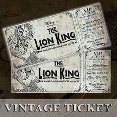 two tickets for the lion king are shown in front of an old - fashioned photo