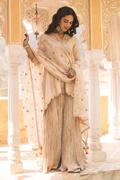 Silver, beige chanderi kurta with multicolor anchor, marodi embroidery in floral pattern on yoke. Paired with crushed sharara and dupatta. - Aza Fashions Marodi Embroidery, Crushed Sharara, Kurta Set For Women, Indian Attire, Kurta Set, Set For Women, Aza Fashion, Fashion Set, Three Quarter