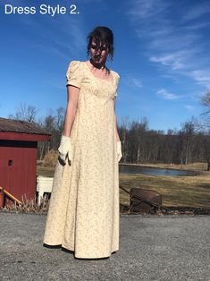 "Handmade Custom Regency Dress Inspired by 19th Century Author, Jane Austen.  Pattern sizes: Bust / Waist / Hip 10- 32.5\" / 25\" / 34.5\" 12- 34\" / 26.5\" / 36\" 14- 36\" / 28\" / 38\" 16- 38\" / 30\" / 40\" For a custom fitting, send the measurements for: Bust, Under-bust, from under-bust to floor, and bicep.  *Note: Pattern sizes do not equate US or UK dress sizes. Custom sleeves: Sleeves can be pleated or gathered. Gathered (as is on the green and white dress) or pleated (as is on the yello Beige Fitted Victorian Dress, Fitted Victorian Historical Dress, Daywear Dresses With Historical Design And Fitted Bodice, Fitted Regency Dress With Historical Design, Fitted Victorian Dress With Historical Design For Fall, Fitted Victorian Dress With Empire Waist And Historical Design, Fitted Full Length Regency Style Dresses, Fitted Cotton Regency Vintage Dress, Regency Style Full-length Fitted Dress