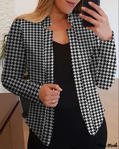 Color: black, Size: M Slim Fit Coat, Houndstooth Coat, Houndstooth Jacket, Long Sleeve Outerwear, Spring Fabric, Casual Vest, Printed Blazer, Plus Size Kleidung, Long Sleeve Blazers