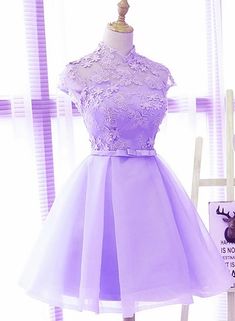 Cute High Neckline Lavender Short Graduation Dress Graduation Dress Short, Vestido Color Lila, Short Graduation Dress, Dress Short Prom, Short Graduation Dresses, Tulle Sleeves, Color Rush, Dress Homecoming, Short Prom Dress