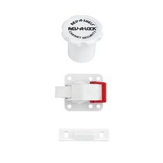 the red and white plastic latch is attached to an electrical device on a white background