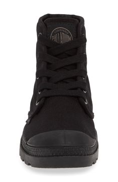 A tonal logo patch accentuates the sporty style of a high-top–inspired bootie set on a sturdy lugged sole. Style Name:Palladium Pampa Hi Bootie (Women). Style Number: 5950481. Casual Low-top Lace-up Boots With Lug Sole, Casual Mid-top Lace-up Boots With Rubber Sole, Casual Boots With Textured Sole For Streetwear, Black Sporty Lace-up Boots With Rubber Sole, Sporty Black Lace-up Boots With Rubber Sole, Casual Black Boots With Lug Sole, Casual High Ankle Boots With Textured Sole, Black High-top Sneakers With Logo Patch, Black Lace-up Boots With Lug Sole For Streetwear