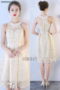 Elegant Champagne Lace Short Halter Wedding Party Dress Ref#BLS86096 at GemGrace. #GemGrace Shop now to get $10 off. Pro custom-made service for wedding dress, formal dress. View Discontinued Products for more ideas. Click to shop now! Beige Knee-length Wedding Dress, Elegant Sleeveless Lace Dress For Banquet, Fitted A-line Lace Dress For Wedding Guest, Summer Wedding Lace Evening Dress, Summer Wedding Evening Lace Dress, Summer A-line Wedding Dress, Fitted Lace Dress For Prom Season Banquet, Fitted Lace Dress For Prom Banquet, Spring Wedding Knee-length Evening Dress