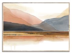 a painting with mountains in the background and watercolor paint on paper above it is an image of a body of water