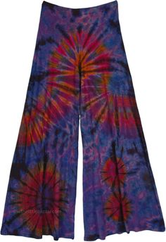 A smart pair of tall disco wide-leg pants, perfect to get your groove on! These wide-leg palazzo pants are very fashionable, with their purple backdrop and multicolour tie-dye pattern they surely stand out. The stretchy waist is made from rayon soft fabric which gives you a flattering silhouette, a bit of spandex to give a tinge of elasticity, and features wide legs for a flowing, lean line, no matter what your body type. #tlb #SplitSkirtsPants #Tall #bohemianfashion #FullTiedyePalazzopants #Tal Multicolor Flare Pants For Summer, Multicolor Flare Summer Pants, Multicolor Wide Leg Summer Pants, Purple Cotton Wide Leg Pants, Hippie Multicolor Wide Leg Summer Pants, Hippie Multicolor Wide Leg Pants For Summer, Multicolor Full-length Wide Leg Summer Pants, Multicolor Full-length Wide Leg Pants For Summer, Multicolor Full Length Wide Leg Summer Pants