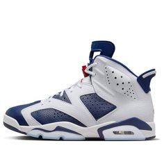 Celebrating the USA's Olympic heritage, the Air Jordan 6 Retro ‘Olympic’channels the spirit of the 2000 Sydney games. Released in August 2024, this shoe features a premium tumbled leather upper in a deep midnight navy. Crisp white overlays contrast the navy base, while pops of varsity red on the Jumpman logos and lace guard tie the design to the American flag's colors. The classic Air Jordan 6 silhouette is completed with a comfortable white midsole and a navy rubber outsole. This commemorative edition offers a chance to own a piece of Jordan history with a timeless design. Sporty Leather Jordan Shoes With Perforated Toe Box, Classic Leather Jordan Sports Shoes, Classic Jordan Leather Shoes With White Sole, Classic Leather Jordan Shoes With White Sole, Classic Sneakers For Sports Events, Classic Jordan Shoes With Cushioned Footbed, Leather Jordan Shoes For Sports Events, Leather Basketball Shoes With Boost Midsole For Sports, Classic Leather Jordan Shoes