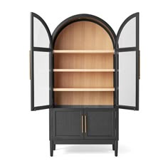 an open bookcase with two doors and shelves on the front, one door opened to reveal