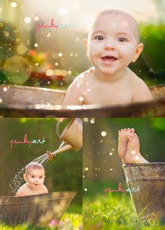 a baby is playing in a bucket with water