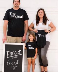 The Original The Remix The Encore® matching family set shown with triblend black shirts. These amazingly soft tees are perfect for family vacations, family photo shoots, baby shower gifts, and the cutest most unique pregnancy and birth announcements! See details of quality and fit below. COLOR OPTIONS: Navy: https://www.etsy.com/shop/KaAnsDesigns?section_id=21742764 Grey: https://www.etsy.com/shop/KaAnsDesigns?section_id=21742768 Jersey: https://www.etsy.com/listing/628265284/mommy-and-me-outfit Black Short Sleeve Top For Family Gatherings, Black Cotton Tops For Family Events, Black Tops With Graphic Print For Family Events, Family Matching Cotton Shirt For Family Events, Family Matching Black Shirt, Black Matching Family Shirt, 2nd Baby Announcement, Arcade Party, Baby 2 Announcement