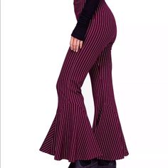 Really Cute Pair Of Flared/Bellbottom Dress Pants From Free People. Size 4 White Fitted Bottoms With Flared Hem, Cotton Party Bottoms For Fall, Retro Spring Bottoms For Night Out, Retro Bottoms For Spring Night Out, Retro Bottoms For Night Out In Spring, Fitted Flare Striped Pants, Fitted Striped Flare Pants, Fitted Cotton Bottoms With Flared Hem, Burgundy Wide Leg Bottoms For Spring