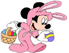 a cartoon character dressed in pink running with an easter basket