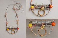 three different pictures of various items made from branches and twigs, including an orange ball