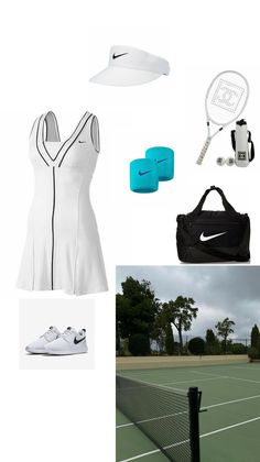 the tennis outfit is white and has black accents on it, along with other items