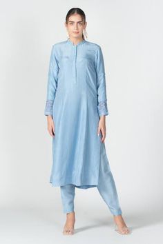 Buy Blue Habutai Silk Mandarin Collar Embroidered Kurta Set For Women by Sitaraa Online at Aza Fashions. Elegant Embroidered Salwar Kameez, Elegant Salwar Kameez With Embroidered Border For Spring, Chanderi Kurta With Embroidered Neckline And Long Sleeves, Long Sleeve Chanderi Kurta With Embroidered Neckline, Formal Kurta With Embroidered Border, Blue Traditional Drape Kurta For Spring, Transitional Silk Kurta With Floral Embroidery, Silk Kurta With Embroidered Neckline And Long Sleeves, Blue Traditional Kurta With Embroidered Neckline