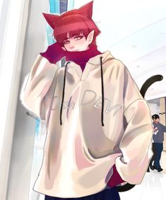 an anime character with red hair wearing a white hoodie