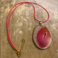 Sliced Hot Pink Crystal Agate Pendant With Electroplated Gold Edges Matching Hot Pink Cord Necklace With Gold Accents Total Length While Wearing Is 15” With An Additional 2” Extension The Pendant Itself Is 2.5” In Length Shipping Usa From Phoenix, Az Through Fbmp $3.75 Preferred Pick Up 85029 Cactus And 33rd Avenue Pink Natural Stones Jewelry For Beach, Adjustable Pink Agate Necklace, Adjustable Pink Crystal Necklaces With Natural Stones, Adjustable Pink Crystal Necklace With Natural Stones, Adjustable Long Pink Necklace, Bohemian Pink Agate Necklace, Pink Agate Pendant Jewelry, Handmade Pink Crystal Necklaces, Pink Pendant Crystal Necklace With Natural Stones