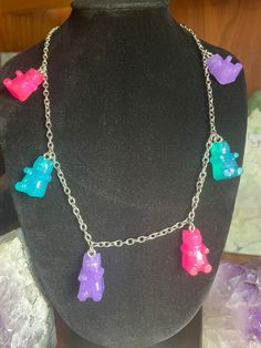 Blue, purple and pink gummy bears on a ~16" necklace. Pink Resin Party Necklaces, Cute Pink Resin Necklace, Playful Purple Necklaces For Gifts, Playful Purple Necklace For Gifts, Playful Purple Necklace For Gift, Cute Purple Resin Jewelry, Pink Gummy Bears, Gummy Bear Necklace, Alt Clothing