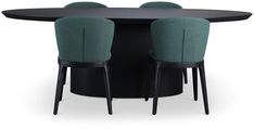 a black table with four green chairs around it