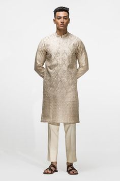 Shop for Asuka Beige Geometric Embroidered Chanderi Silk Kurta Set for Men Online at Aza Fashions Silk Kurta Set, Kurta Set For Men, Geometric Embroidery, Silk Kurta, Silk Embroidery, Kurta Set, Mandarin Collar, Aza Fashion, Types Of Sleeves