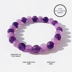 This exquisite amethyst piece is not just a jewelry accessory; it's a symbol of love, inspiration, and empowerment. The vibrant blend of pink and purple hues in the amethyst gemstone radiates positivity, while its delicate design adds a touch of elegance to any outfit. Whether you're spoiling yourself or surprising a loved one, this bracelet is the perfect way to uplift spirits and remind yourself or someone special of the incredible strength and beauty within. Embrace the joy of gifting and spr Pink Natural Stones Jewelry For Friendship, Purple Stretch Bracelet With Natural Stones, Adjustable Purple Gemstone Beads Crystal Bracelet, Purple Natural Stones Stretch Bracelet, Adjustable Purple Crystal Bracelet With Gemstone Beads, Adjustable Purple Amethyst Stretch Bracelet, Purple Spiritual Stretch Bracelet, Adjustable Amethyst Stretch Bracelet In Purple, Elegant Purple Crystal Bracelet For Meditation