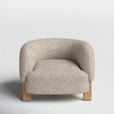 an upholstered chair with wooden legs on a white background, in the shape of a recliner