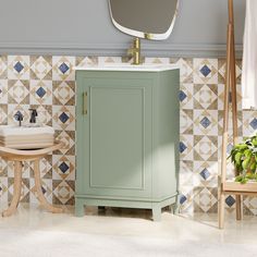 a green cabinet sitting next to a mirror on top of a bathroom vanity under a magnifying lens