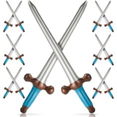 two swords with blue handles and brown tips are crossed in front of each other on a white background