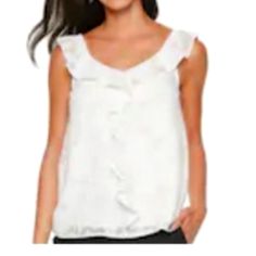 Dress This Blouse Up Or Down. White Sleeveless Blouse With Ruffle Front. Great For Spring, Summer, Vacation, Etc. Casual Ruffled Camisole Blouse, White Casual Camisole With Ruffled Straps, White Feminine Tank Top With Ruffled Straps, Casual White Camisole With Ruffled Straps, White V-neck Camisole With Ruffles, White V-neck Ruffled Camisole, White Feminine Ruffled Camisole, White Feminine Camisole With Ruffles, Casual Sleeveless Camisole For Daytime