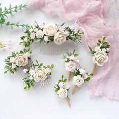 This white wedding flower comb and flower boutonnieres, made of white artificial pearl and greenery. This a  beautiful and delicate bridal hair accessory for brides and a nice gift to the bridesmaids and wedding accessories for men . On the wedding day, every bride wants to look fantastic.  This gorgeous wedding flower set  will be a magical addition to your look on your happiest day. This will emphasize the ease of your image.  The comb is very conveniently attached to the hair and fits in with White Flower Shaped Delicate Bridal Accessories, White Floral Hair Piece, White Flower Hair Piece, Wedding Flower Comb, White Flower-shaped Hair Accessories As Gift, Adjustable White Flower Hair Accessories, Floral Hair Pieces, Flower Comb, Bride Hair Accessories