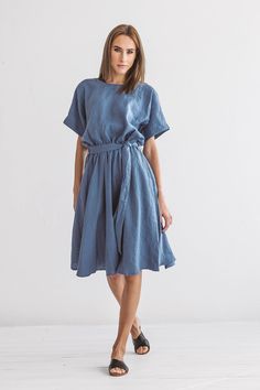 "DESCRIPTION: ♥ 100% natural European linen; ♥ safe Oeko-TEX® Standard 100 certified linen fabric ♥ softened midweight linen (185 g/m2) ♥ wide skirt dress with short sleeves ♥ with belt ♥ with pockets FIT ♥ length from the lower to the upper seam is about 43.3 inches / 110 cm ♥ measurements taken from a size S ♥ model is 173 cm and wearing a size S SIZE CHART: XS: Bust 30.7\"- 32.7\" (78-83 cm) , Waist 23.6\"- 25.6\" (60-65 cm), Hips 33.5\"- 35\" (85-89 cm) S: Bust 33\"- 35\" (84-89 cm) , Waist Spring Flowy Linen Midi Dress, Flowy Linen Midi Dress, Flowy Linen Casual Midi Dress, Flowy Linen Midi Dress Casual Style, Linen Midi Dress For Daywear, Knee-length Linen Midi Dress For Daywear, Belted Linen Midi Dress For Daywear, Linen Tie Waist Dress For Daywear, Relaxed Fit Midi Linen Dress For Daywear