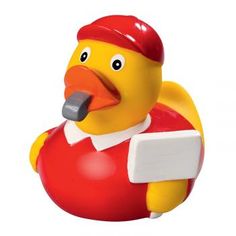 a rubber ducky with a red hat and white shirt holding a sign in its mouth