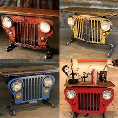 four different types of jeep grills are shown in three different colors and sizes, including red, yellow, blue, and black