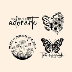 four different logos with flowers, butterflies and words that say younaci para adorare