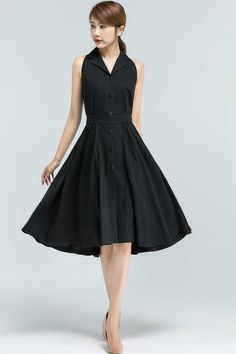 "Elegant and simple design, our black linen dress continue to shows a easy-going attitude of life. The sleeveless summer dress is made of soft linen fabric, with knee length, button down and a tie on the waist. It is a summer handmade dress, is perfect for everyday or special occasion. DETAILS * 50% linen , 50% cotton * No lining * Shirt collar * Sleeveless * Two side seam pockets * Button front closure * Fit and flare dress * Knee Length dress * perfect for Summer * Wash by hand or machine with Black Sleeveless Button Dress For Summer, Black A-line Linen Summer Dress, Black Sleeveless Linen Dress Casual, Casual Black Sleeveless Linen Dress, Black Sleeveless Dress With Buttons For Spring, Black Sleeveless Dress With Button Closure, Sleeveless Linen Dress For Casual Wear, Black Sleeveless Linen Dress, Chic Black Sleeveless Linen Dress