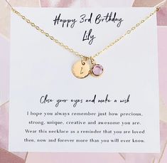 3rd birthday girl - Happy 3rd birthday gift - Third Birthday Necklace - Gift for 3 year old girl - 3rd Golden Birthday, Happy 3rd Golden by Reflection of Memories Beautiful + delicate initial and Birthstone Necklace. * * * * * * PRODUCT DETAILS * * * * * * * Disk 9mm custom with 1 initial * Disk texture: Border hammered * Birthstone Month 4mm * Chain: cable, 1.5mm wide * Handstamp Thank you for supporting our small business! 3rd Birthday Girl, Daycare Provider Gifts, Babysitter Gifts, Happy 3rd Birthday, Tenth Birthday, Birthday Necklace Gift, Birthday Necklace, Preschool Gifts, Golden Birthday