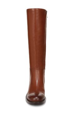 Signature logo hardware enriches the heel counter of a knee-high leather boot balanced by a plain toe and stacked block heel. 1 3/4" heel; 1/2" platform; 15 1/2" shaft; 15 1/2" calf circumference (size 8.5) Leather upper/synthetic lining and sole Imported Classic Tall Heeled Boots For Fall, Leather Platform Boots With Stacked Heel, Leather Knee-high Boots For Fall, Classic High Shaft Boots For Office, Classic High Shaft Heeled Boots For Office, Tall Leather Boots For Work, Classic Tall Boots For Workwear, Fall Leather Tall Platform Boots, Brown Knee-high Boots With Medium Width