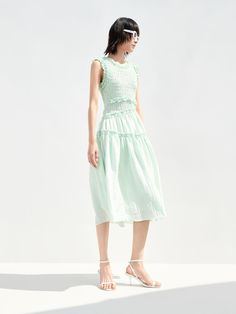 MO&Co. Women's Ruched Sleeveless Midi Dress Features : - Ruffled edging - U-shaped hollow - Smocked waist designCode : MBB2DRS001Back length of size S is 115cm MATERIALS & CARE : Material : 67% Polyester 33% PolyamideUse a washing machine at the mild process of 30℃Do not bleachDo not bleach, hang to dry Do not tumble dry, iron at low temperature Do not soak, do not expose to the sun In the mesh bag, wash with similar colors Please wash with special detergent for silk and woolPlease select your o Knee-length Sleeveless Dress With Ruffle Hem For Spring, Sleeveless Midi Dress With Ruffle Hem For Daywear, Sleeveless Smocked Dress, Sleeveless Smocked Dress For Daywear, Sleeveless Dresses With Smocked Bodice For Daywear, Spring Sleeveless Fitted Dress With Smocked Bodice, Sleeveless Smocked Dress With Lace Trim For Spring, Summer Daywear Smocked Dress With Lace Trim, Spring Sleeveless Dress With Smocked Back For Daywear