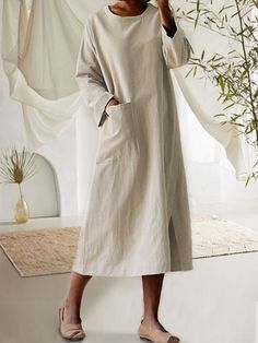 Describe-Cotton And Linen Mid-length Long-sleeve Plus Size DressMaterial Description-Fabric:Cotton BlendGarment Care-Machine Washable Solid Color Shift Midi Dress With Pockets, Shift Midi Dress With Pockets, Plain Long Sleeve Midi Dress For Fall, Long Sleeve Plain Midi Dress For Fall, Beige Long Sleeve Dress With Button Cuffs, Fall Long Sleeve Midi Dress With Pockets, Plain Long Sleeve Casual Dress, Plain Long-sleeve Shift Dress, Casual Plain Long Sleeve Dress