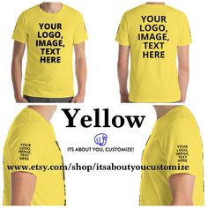 Yellow men t shirt, add your logo, image or text on this shirt.   If you choose text, please let us know what color text, what font and size shirt you are interested in at checkout or send us an email.  We will send you an email with the shirt and your logo/image or text on it before we ship it to you. So you can approve it 1st. This t-shirt is everything you've dreamed of and more. It feels soft and lightweight, with the right amount of stretch. It's comfortable and flattering. * 100% combed and ring-spun cotton (heather colors contain polyester) * Fabric weight: 4.2 oz (142 g/m2) * Shoulder-to-shoulder taping Fitted Short Sleeve T-shirt With Custom Print, Fitted T-shirt With Custom Print And Short Sleeves, Custom Text Short Sleeve Tops For Streetwear, Short Sleeve Tops With Custom Text For Streetwear, Customizable Crew Neck T-shirt For Summer, Customizable Fitted Short Sleeve Shirt, Fitted Short Sleeve Customizable Shirt, Customizable Summer Streetwear T-shirt, Fitted Crew Neck T-shirt With Custom Text